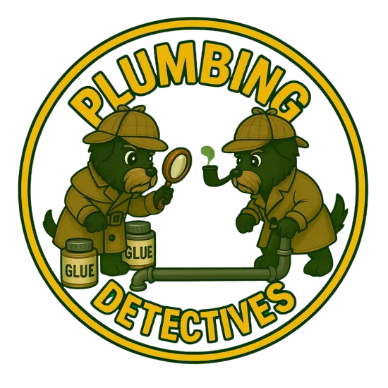 Two cartoon dogs dressed as detectives inspecting pipes with glue jars.