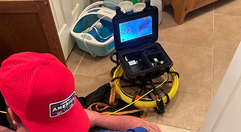 Closeup of sewer camera monitor displaying interior of residential drain pipe