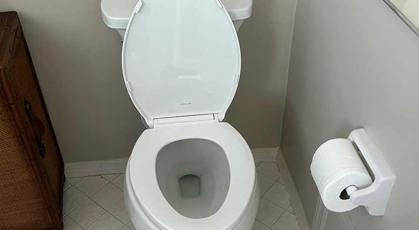White toilet with open lid next to a toilet paper holder.
