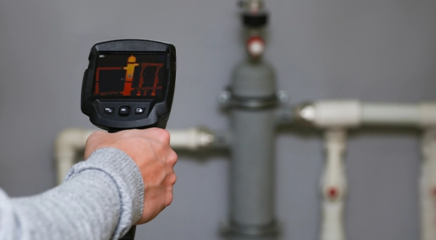 Person using thermal camera to detect leaks in plumbing pipes.