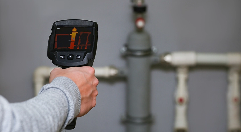 Person holding a thermal camera in front of plumbing pipes.