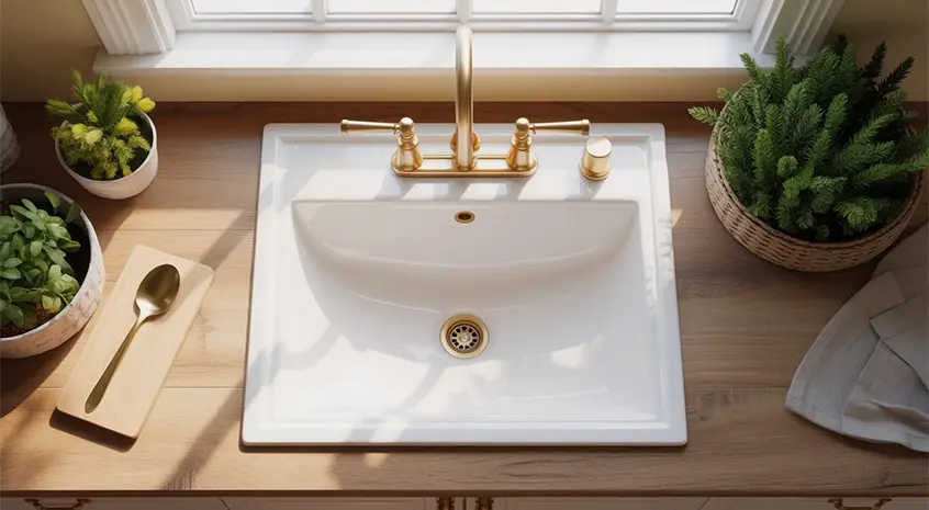 White ceramic sink with gold faucet surrounded by green potted plants.