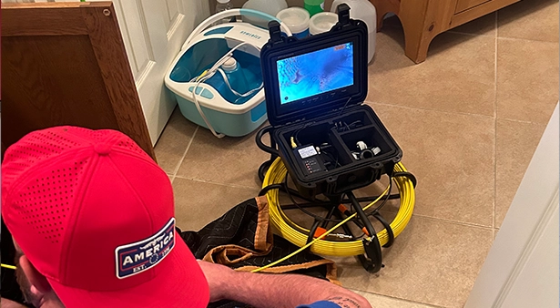 Plumber using sewer camera inspection equipment on tiled floor.