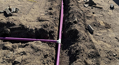 Purple PVC pipes laid in freshly dug soil trenches.