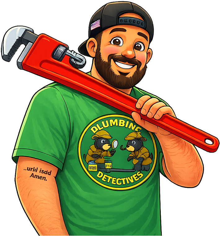 Man in green shirt holding a large red wrench, smiling.
