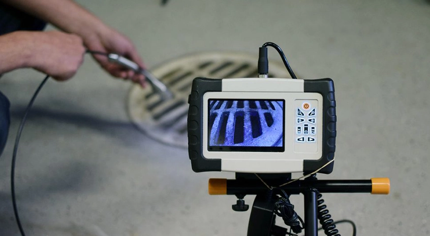 Sewer inspection camera screen next to a person examining a drain.