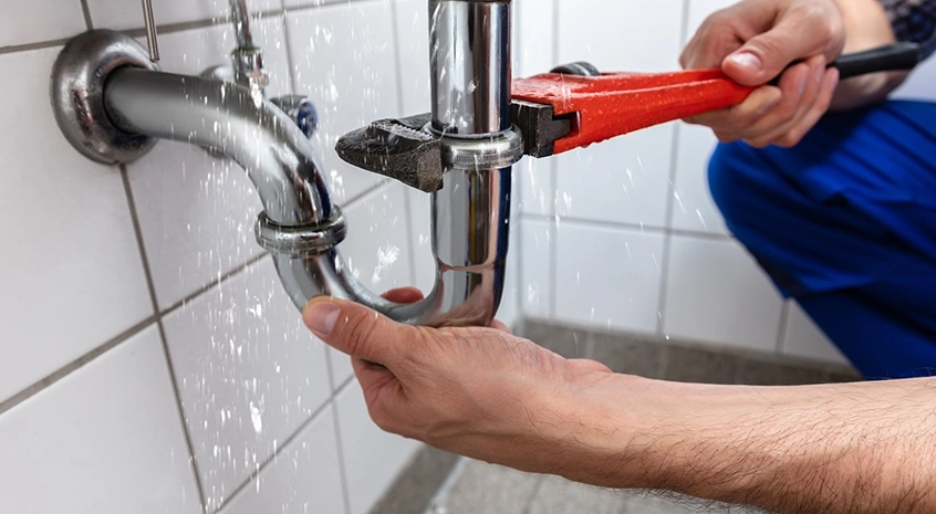 Plumber fixing a leaking pipe under a tiled bathroom sink.