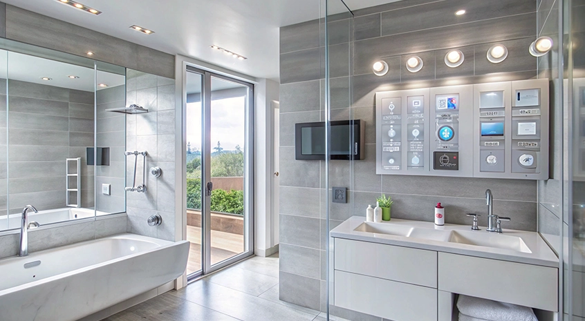 Modern bathroom with glass shower, bathtub, and double sink vanity.