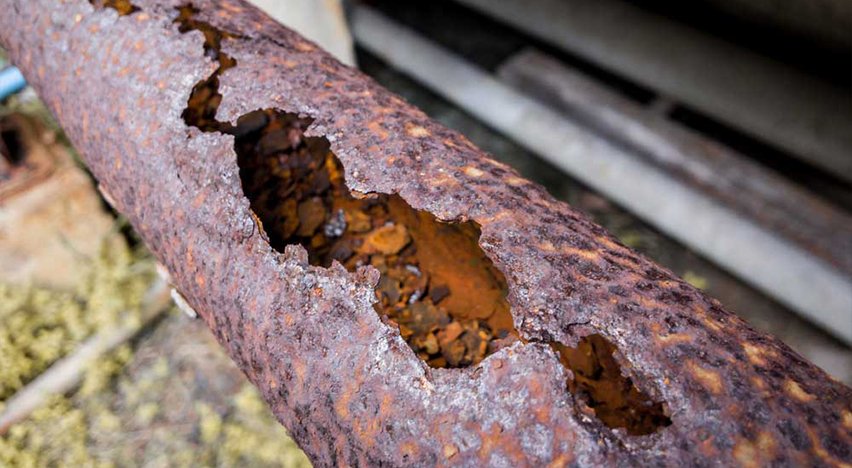 Heavily corroded cast iron sewer pipe with large holes.
